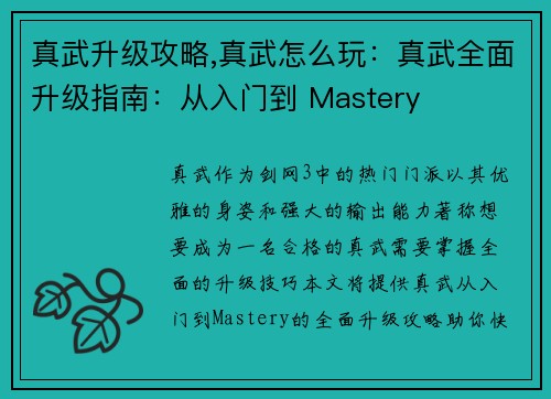 真武升级攻略,真武怎么玩：真武全面升级指南：从入门到 Mastery